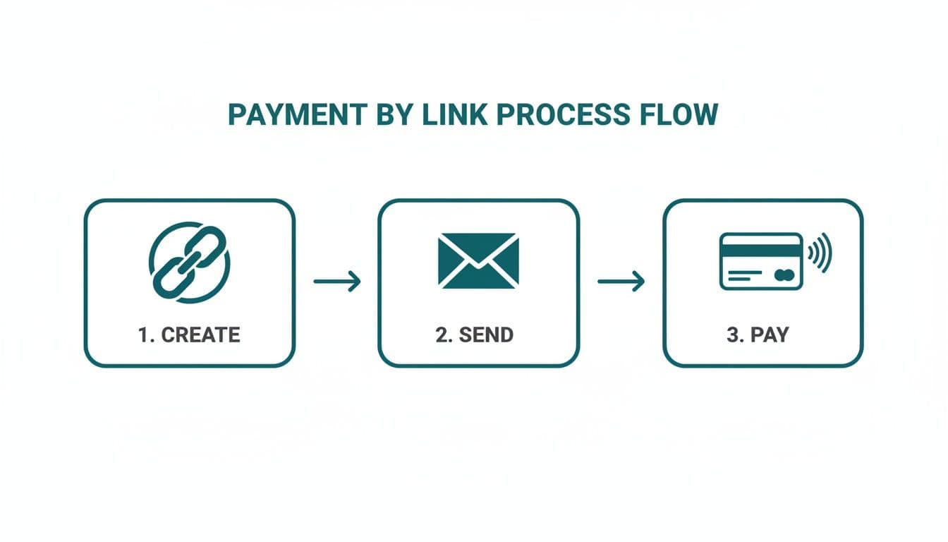 A three-step diagram illustrating the payment by link process: create, send, and pay.