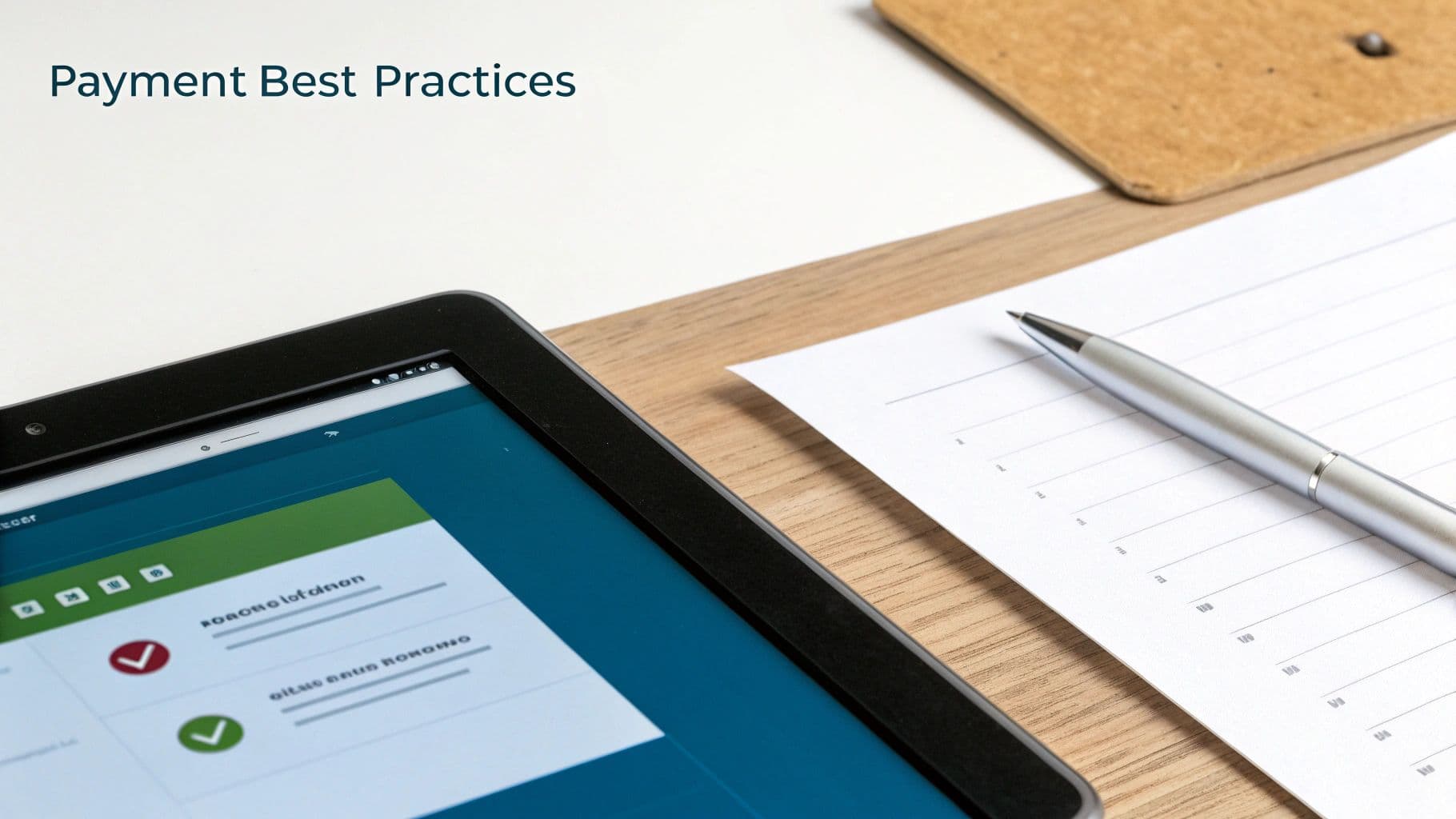 A tablet displaying 'Payment good practice' on a desk with a pen and paper.