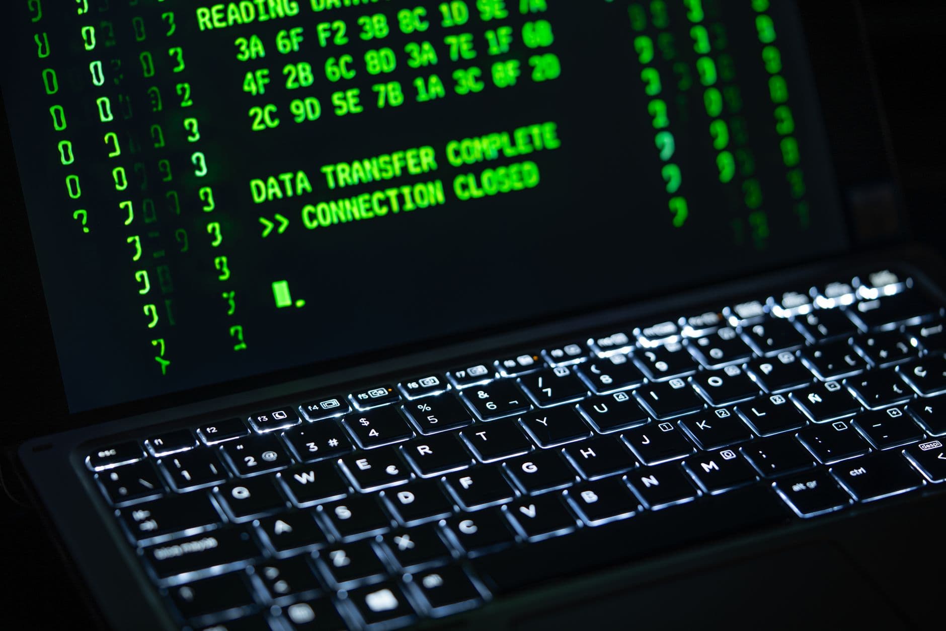 Close-up of a laptop screen displaying green code text. Perfect for cybersecurity themes.