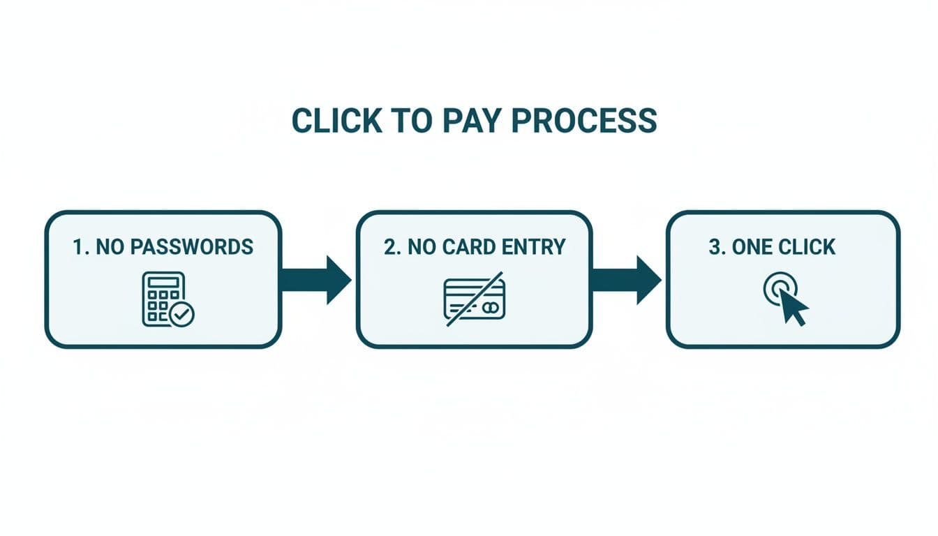 Flowchart illustrating the Click to Pay Process steps: no passwords, no card entry, and one click.