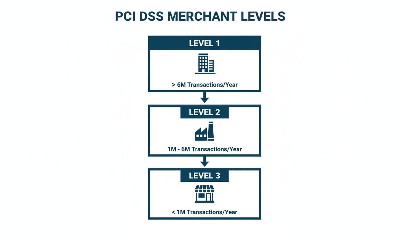 Diagram outlining PCI DSS merchant levels: Level 1 ( loading=