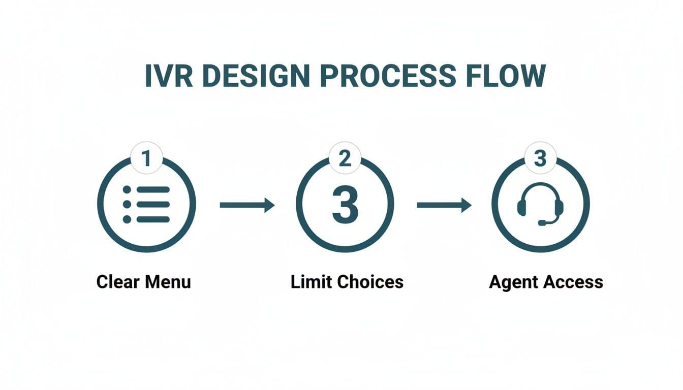 An IVR design process flow with three steps: clear menu, limit choices, and agent access.