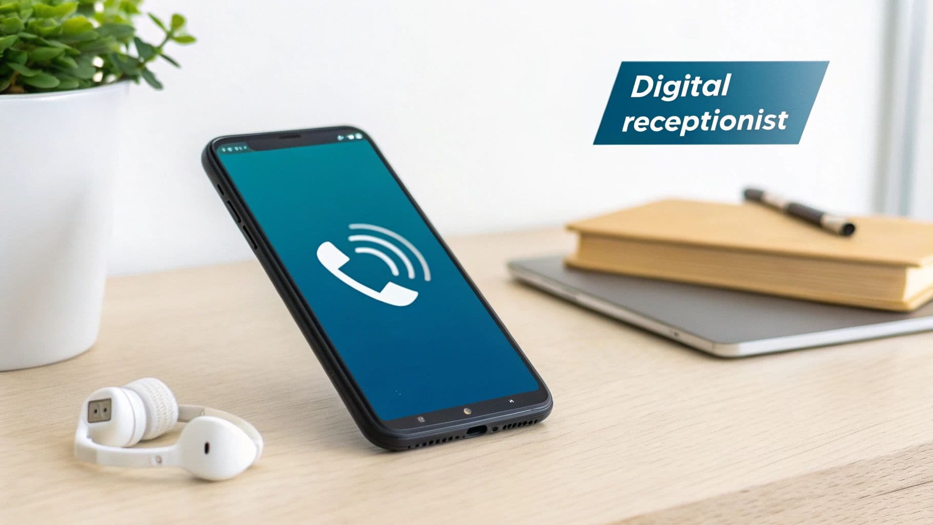 A smartphone displaying a phone call icon on a desk with earbuds, promoting a 'Digital receptionist'.