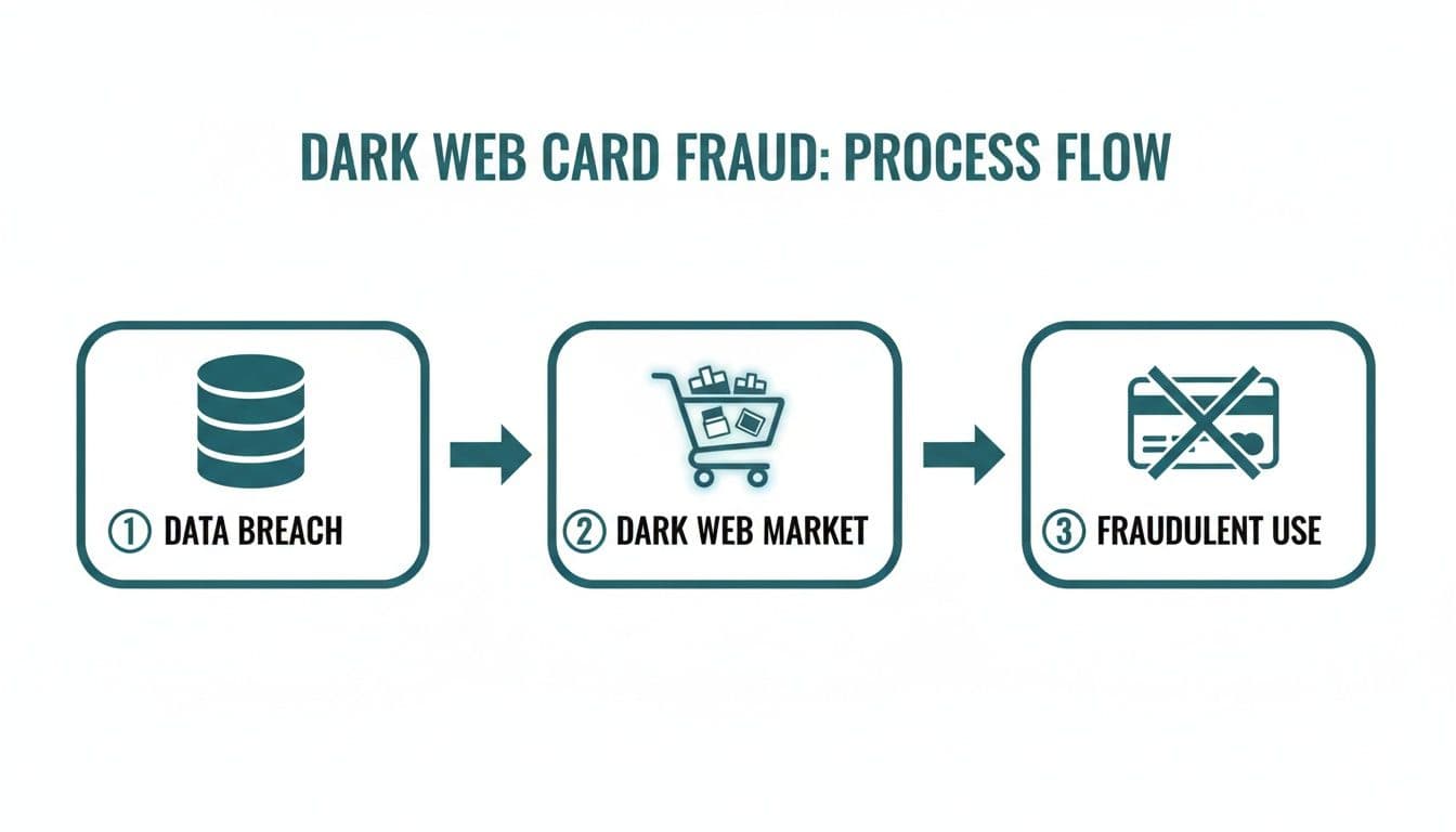 A process flow diagram illustrating dark web credit card fraud: data breach, dark web market, and fraudulent use.