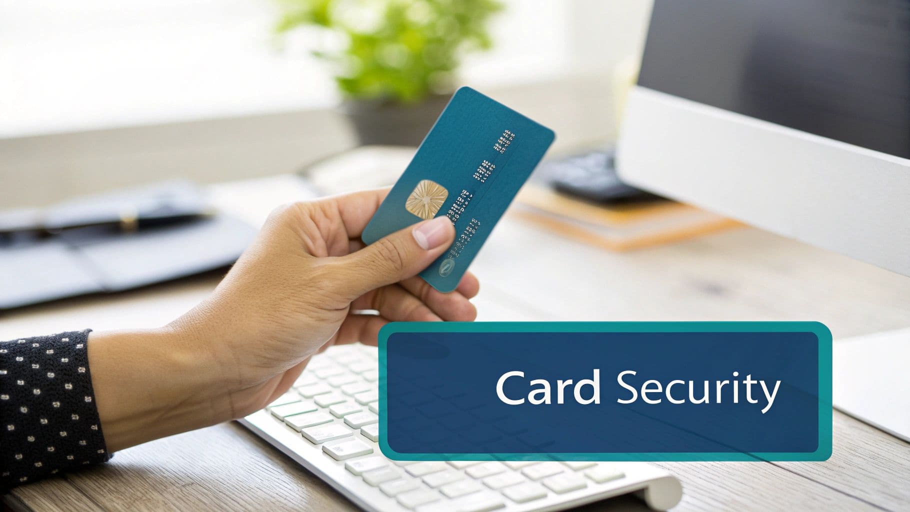 A person holds a blue credit card with a gold chip above a white keyboard on a wooden desk.