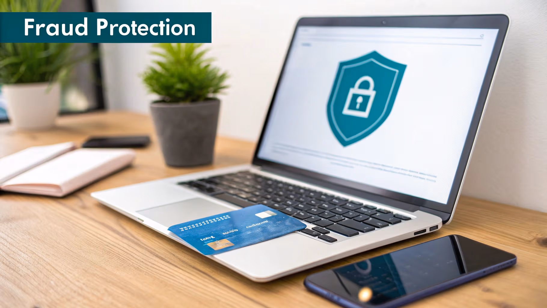 A laptop displaying a security shield and padlock, with a credit card on its keyboard, signifying fraud protection.