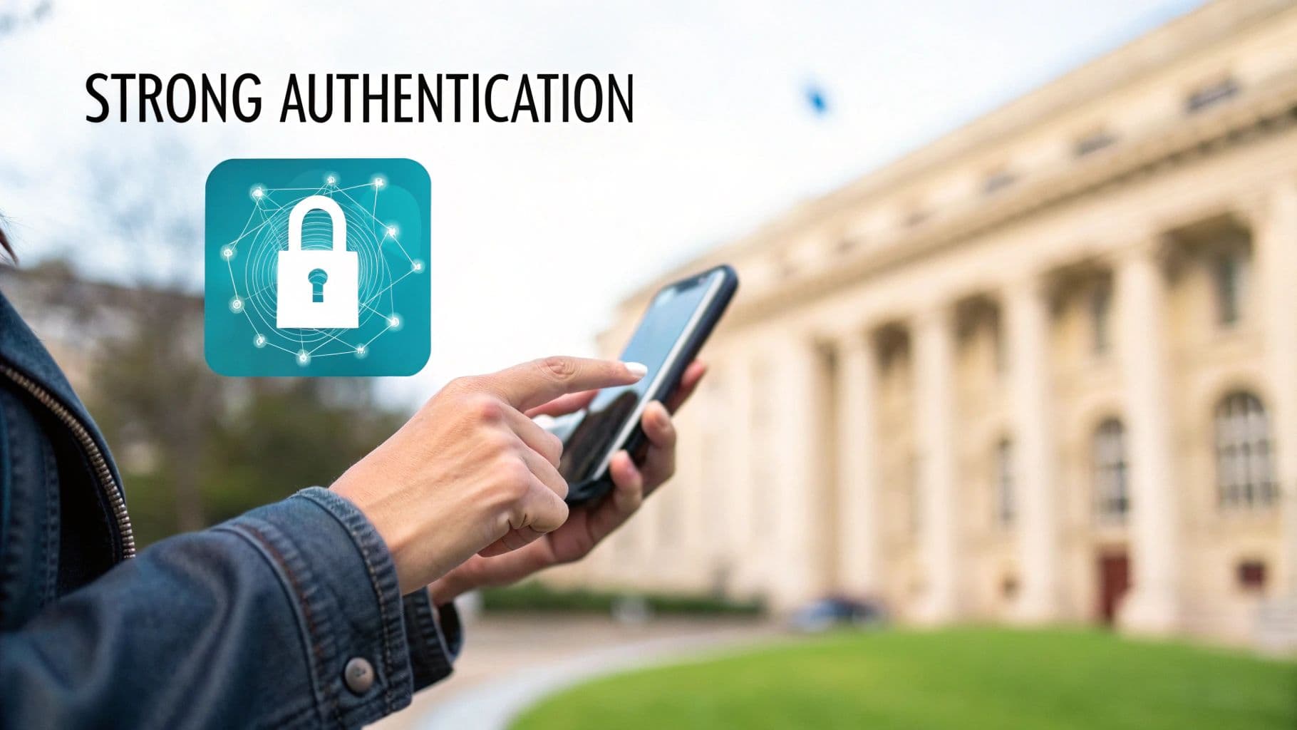 A person's hands using a smartphone with a lock icon and 'STRONG AUTHENTICATION' text for digital security.