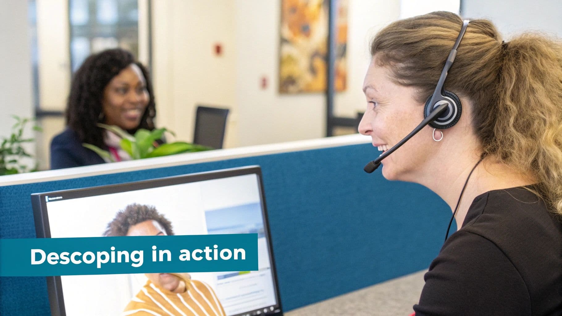 A woman in a headset smiles while on a video call, with 'Descoping in action' text on screen.