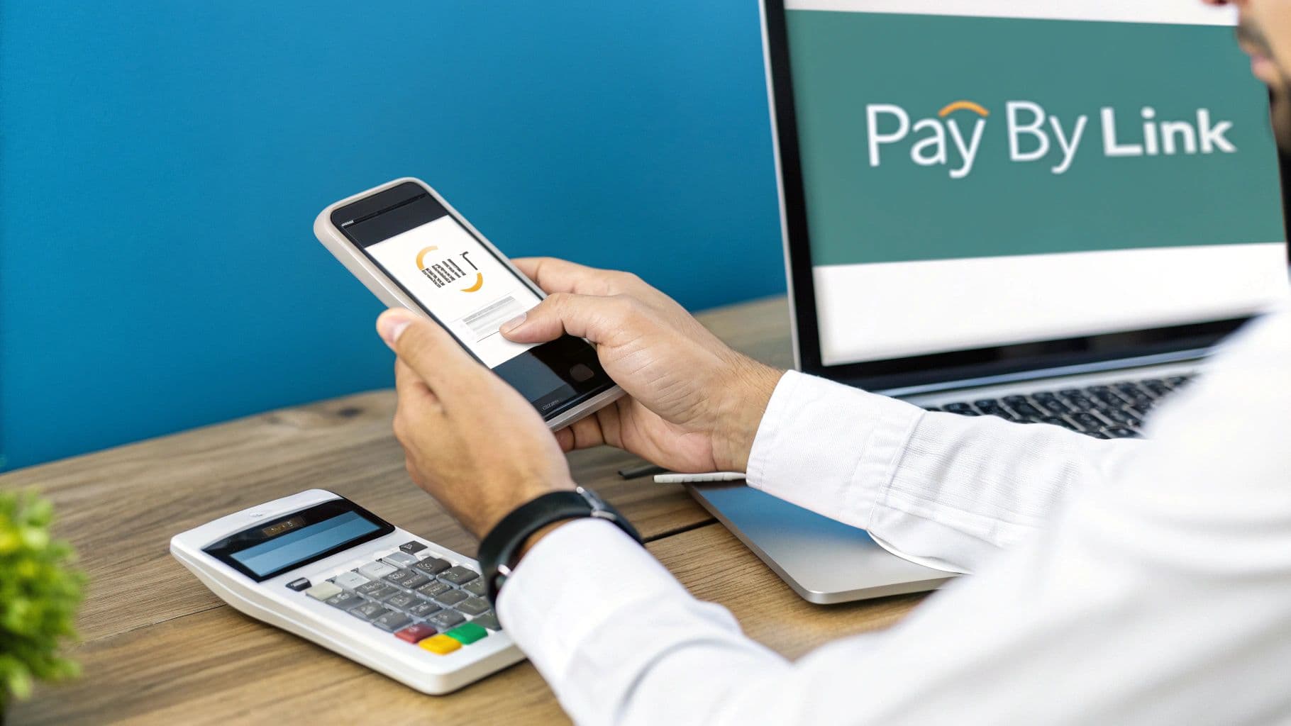 Hands holding a smartphone with an app, calculator, and laptop displaying 'Pay By Link' on a desk.