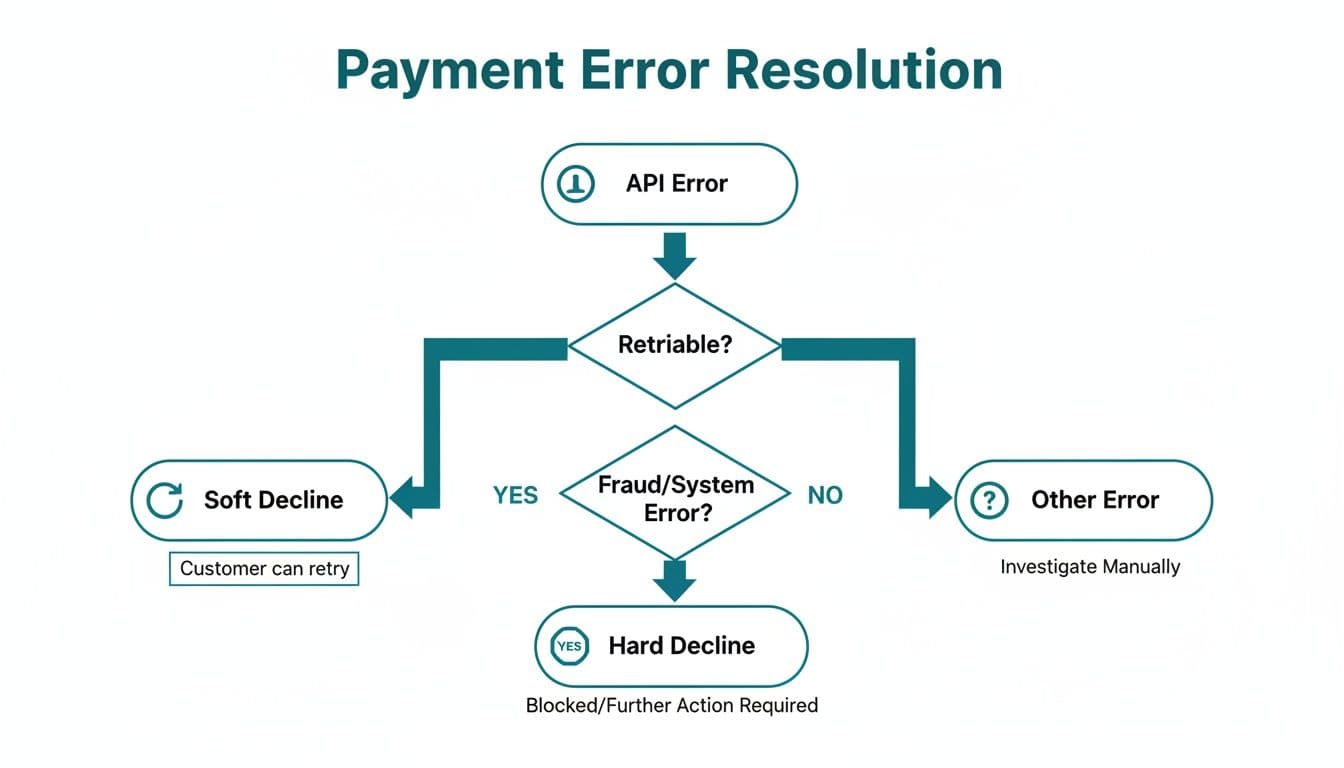 Flowchart illustrating payment API error resolution, categorizing errors into retriable, fraud, system, and other types.