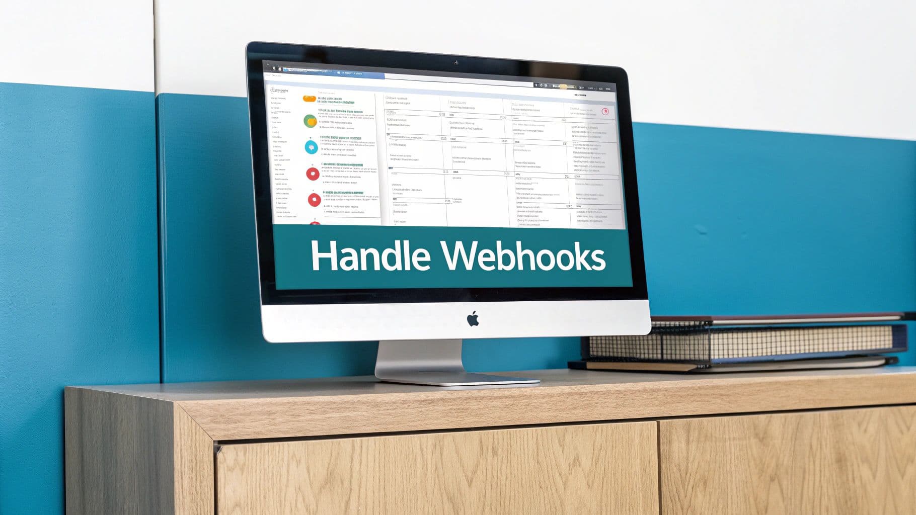 An Apple iMac displaying a 'Handle Webhooks' interface on a wooden desk with notebooks.