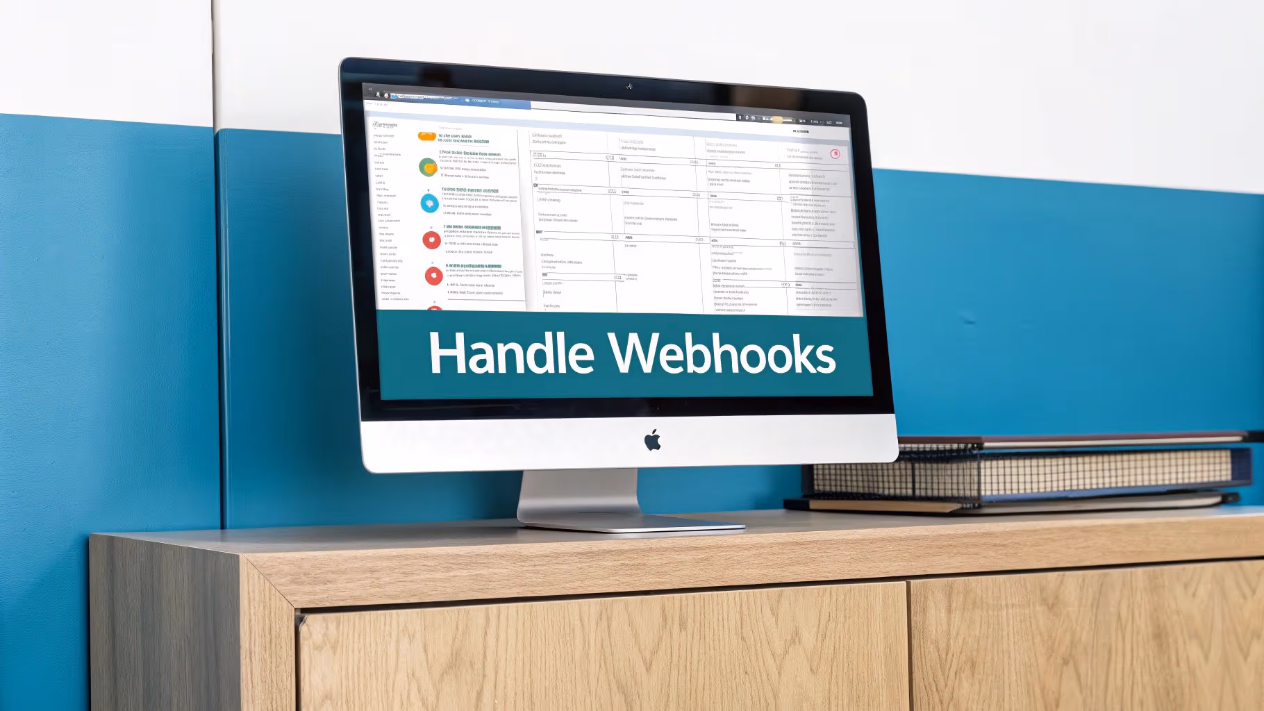 An Apple iMac displaying a 'Handle Webhooks' interface on a wooden desk with notebooks.
