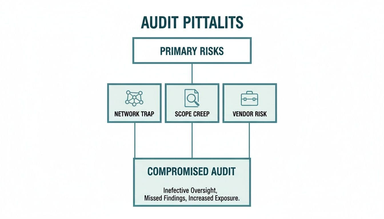 Flowchart illustrating audit pitfalls, primary risks like network trap, scope creep, and vendor risk, leading to a compromised audit.