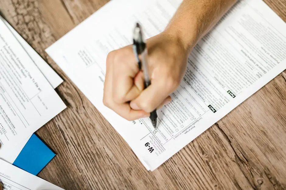 Hand writing on a W-9 tax form using a ballpoint pen on wooden desk.