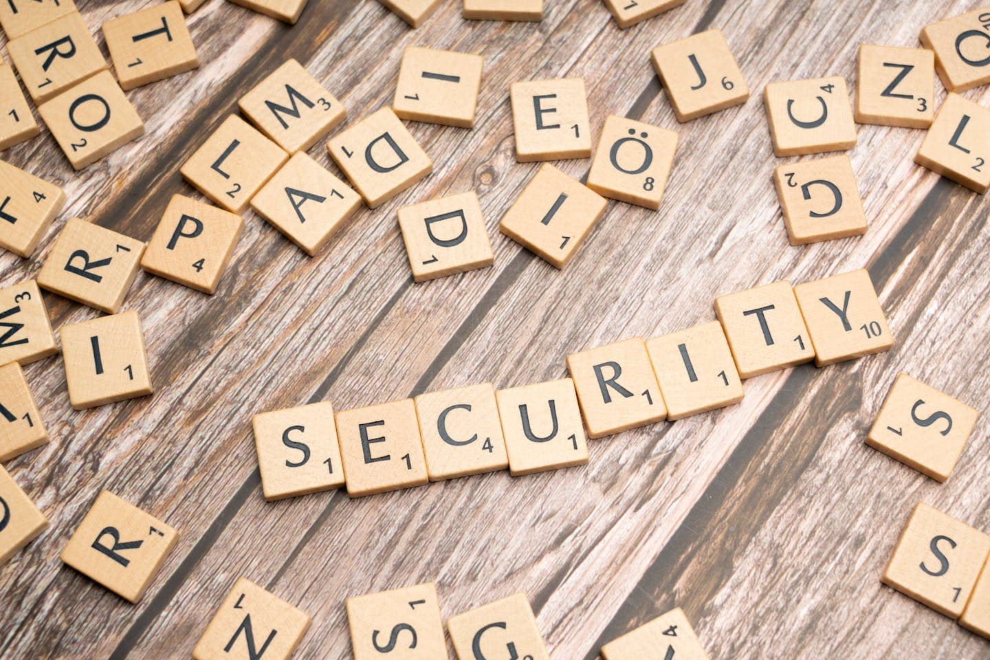 Wooden letter tiles form the word 'Security' amidst scattered tiles on wood.