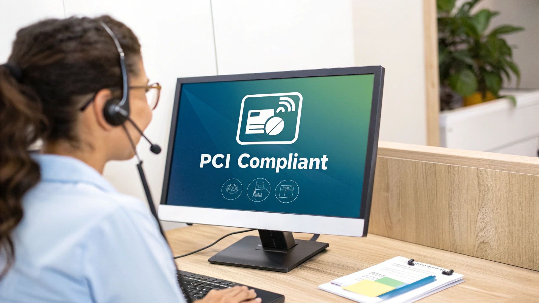 A customer service agent with a headset views a monitor displaying "PCI Compliant" and payment icons.