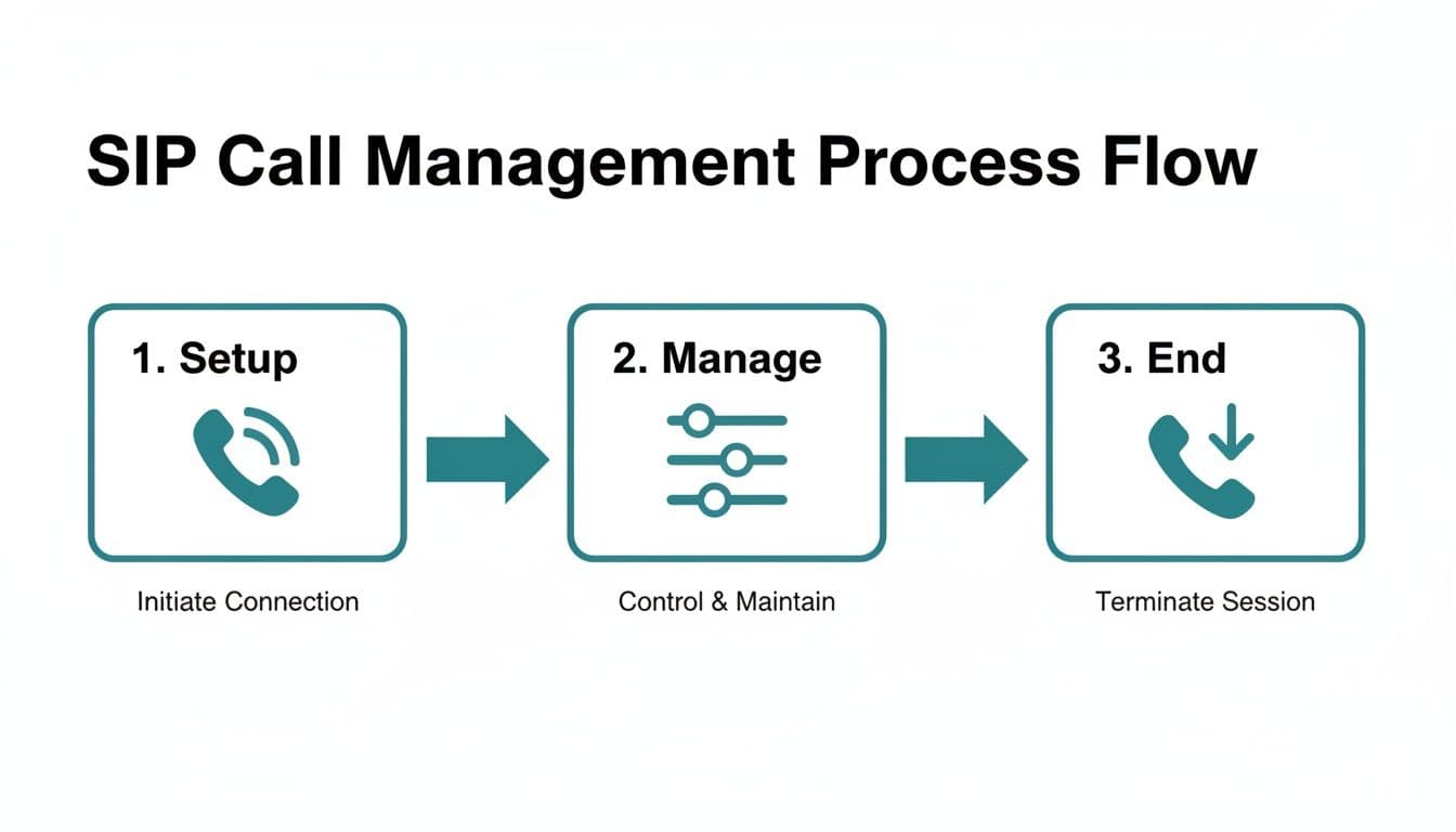 Flowchart detailing the SIP Call Management Process: Setup (Initiate), Manage (Control), and End (Terminate).