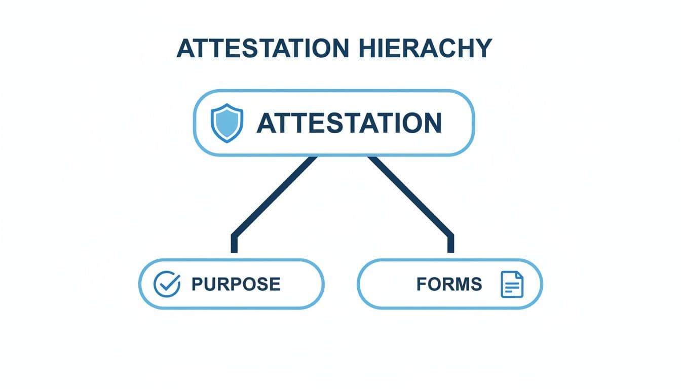 Diagram illustrating attestation hierarchy, branching into its purpose and various forms.