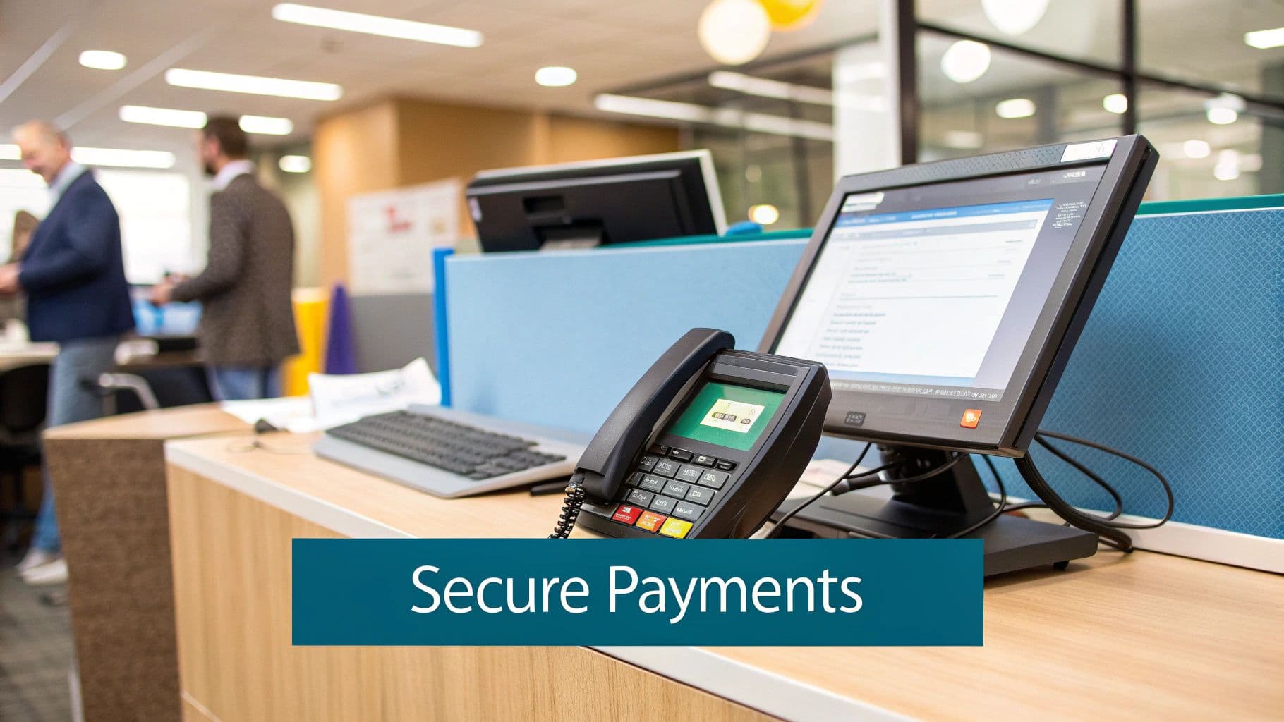 A secure payment terminal and computer on a desk in a modern office, with blurred people working.