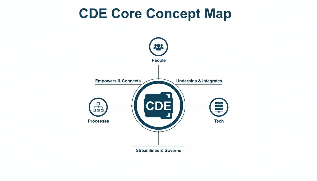 CDE Core Concept Map illustrating the connections between CDE, People, Processes, and Tech.