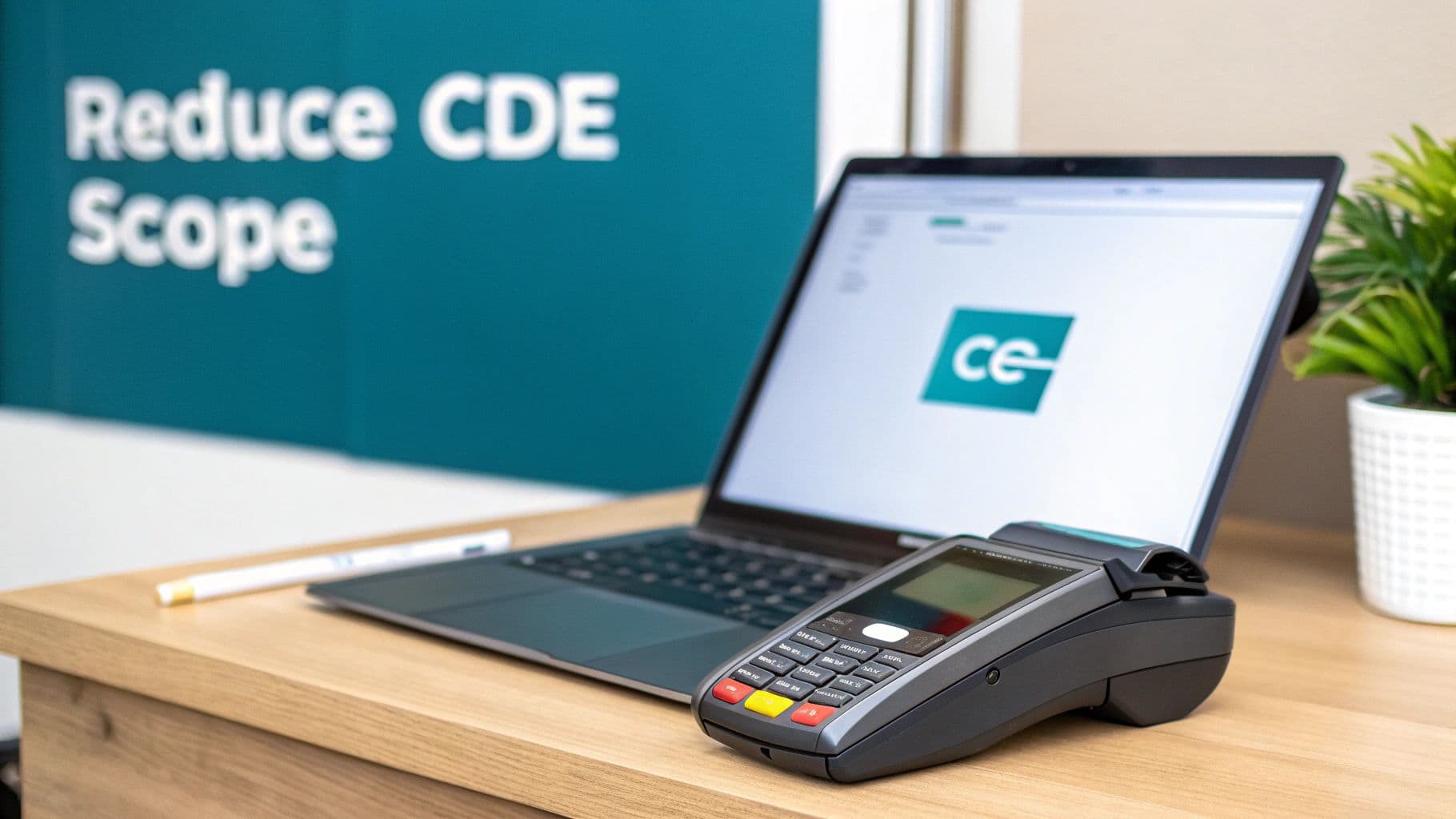 A desk setup featuring a laptop, a POS terminal, and a sign saying 'Reduce CDE Scope'.