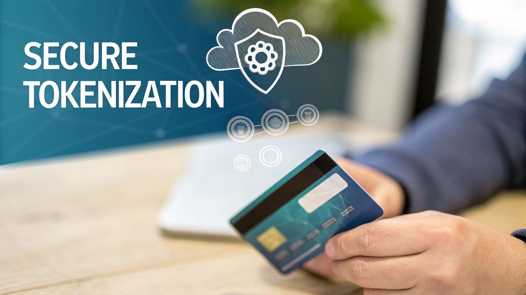 A person holds a credit card against a digital background displaying 'SECURE TOKENIZATION' and cloud security.