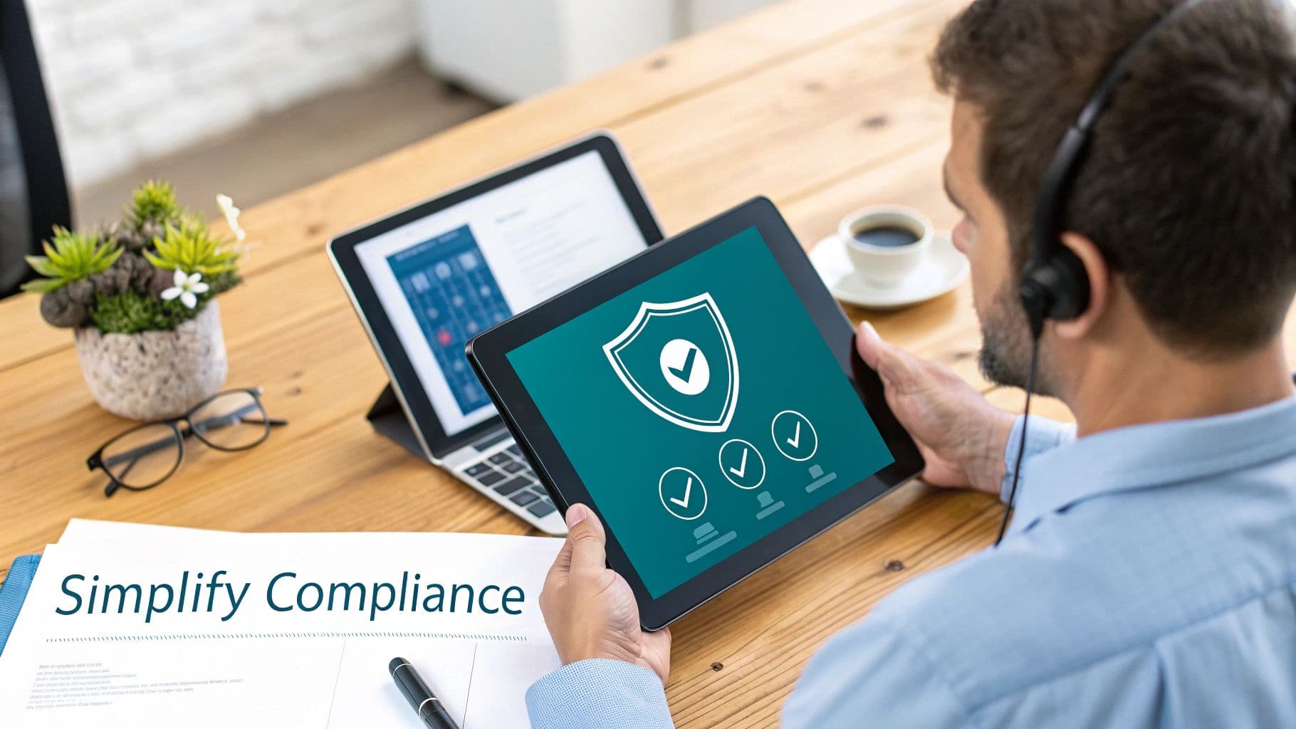 Man in headphones reviewing security compliance on a tablet, with laptop and documents on a desk.