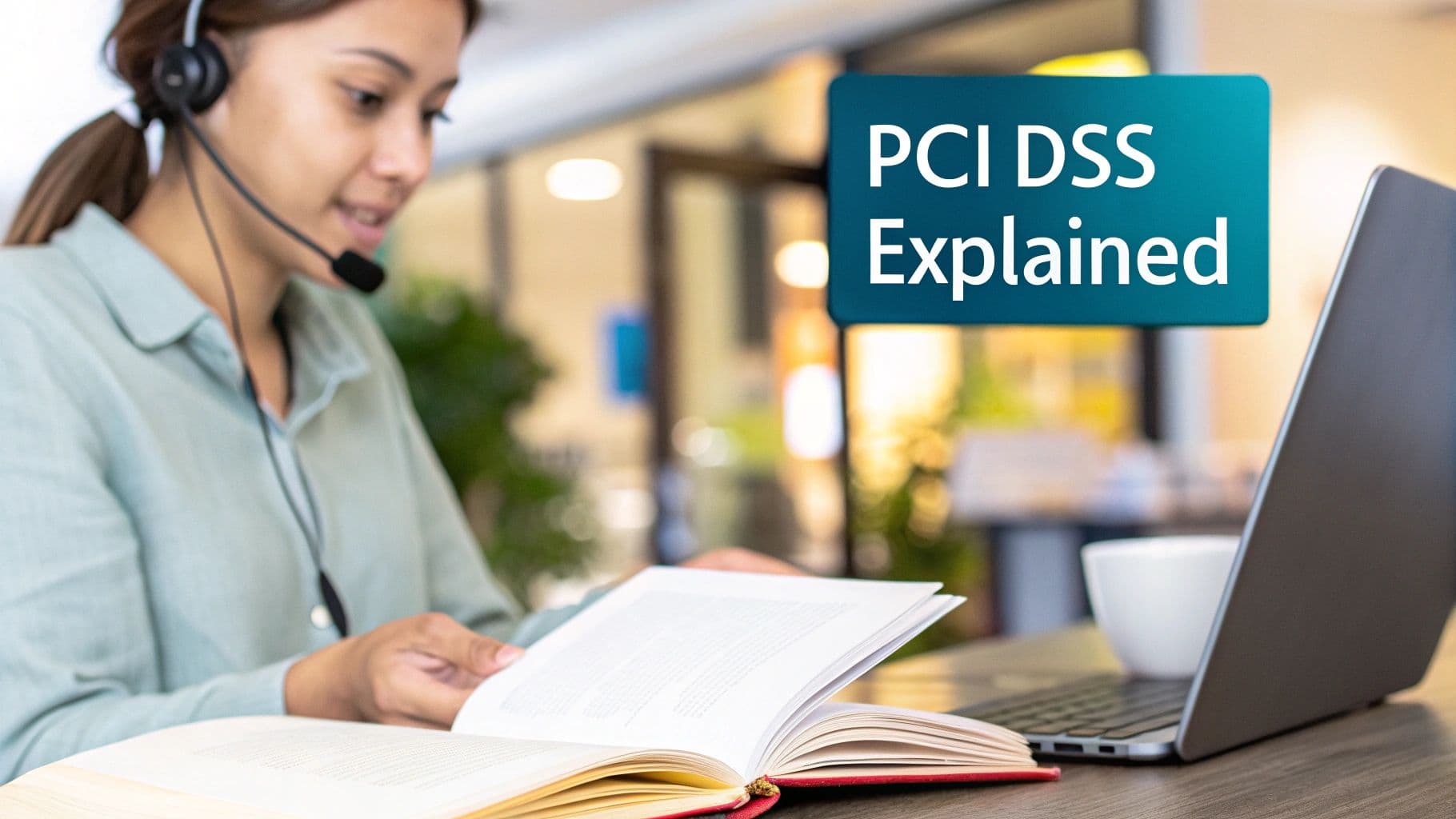 A woman with a headset studies a book at a desk with a laptop and 'PCI DSS Explained' text.