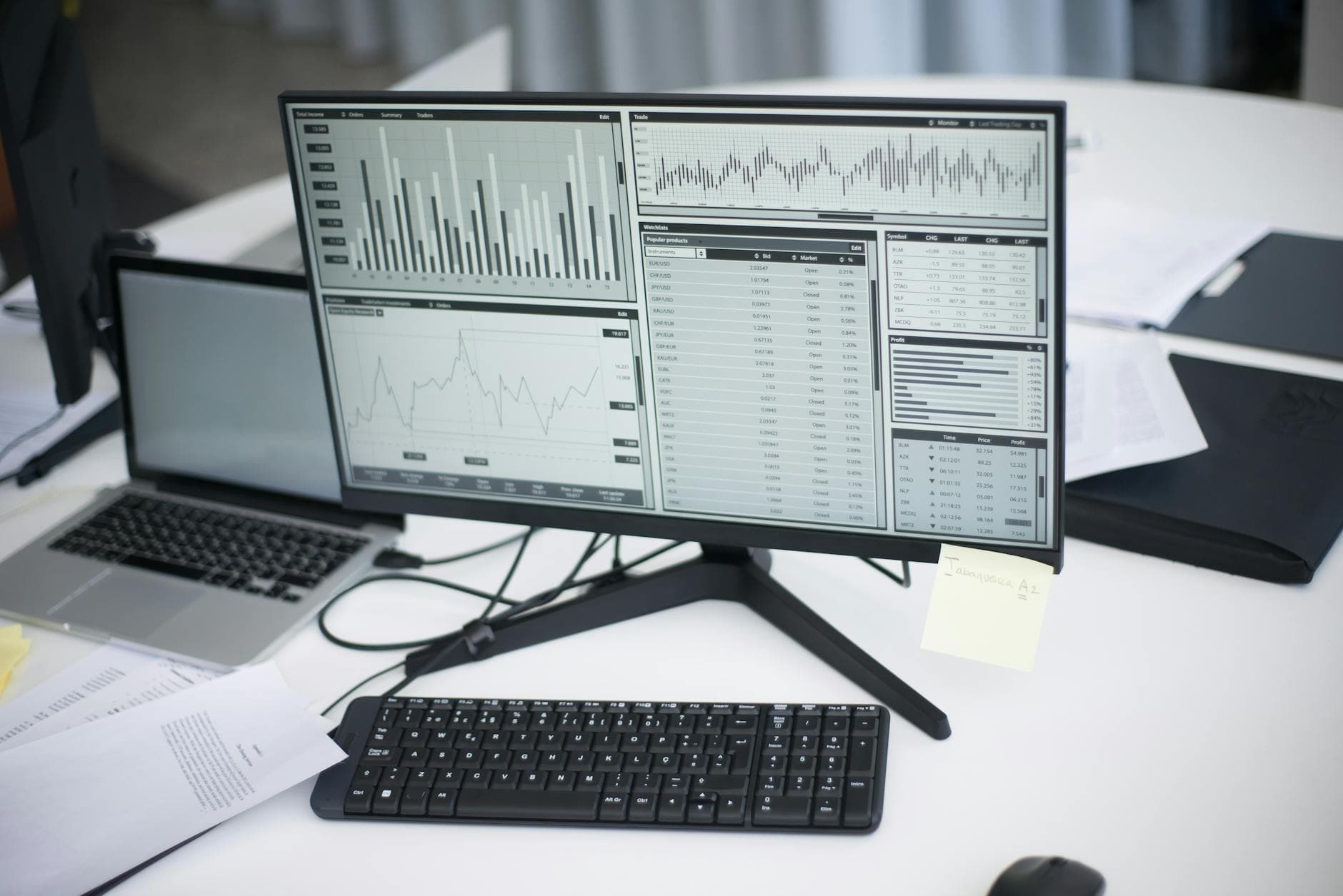 Professional workspace with dual computer monitors displaying analytical graphs and dashboard data