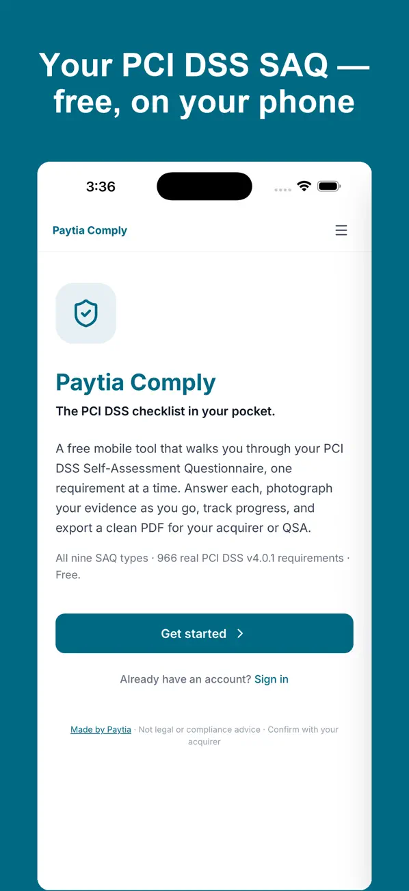 Paytia Comply app — PCI DSS self-assessment on your phone