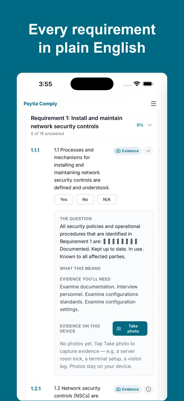 Paytia Comply app showing a PCI DSS requirement in plain English with Yes/No/N-A options
