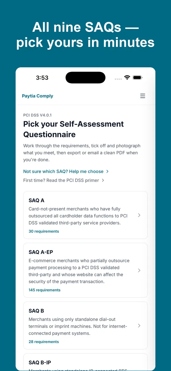 Paytia Comply app showing the nine SAQ type selection screen