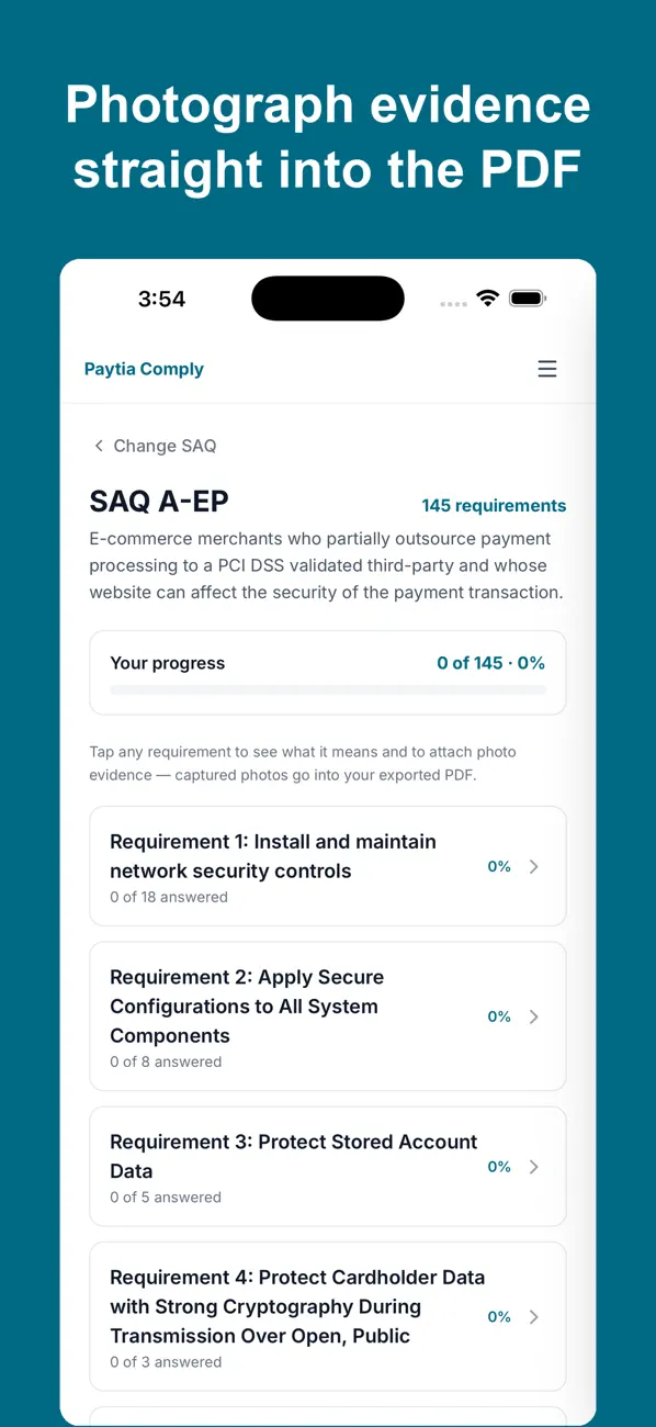 Paytia Comply app showing the evidence photo capture feature for a PCI DSS requirement