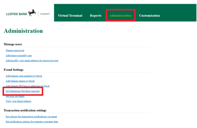 Changing the default 9999.99 payment limit on Lloyds Cardnet LBOP — screenshot 1
