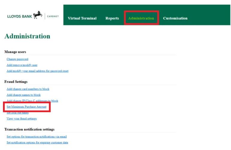 Changing the default 9999.99 payment limit on Lloyds Cardnet LBOP — screenshot 1