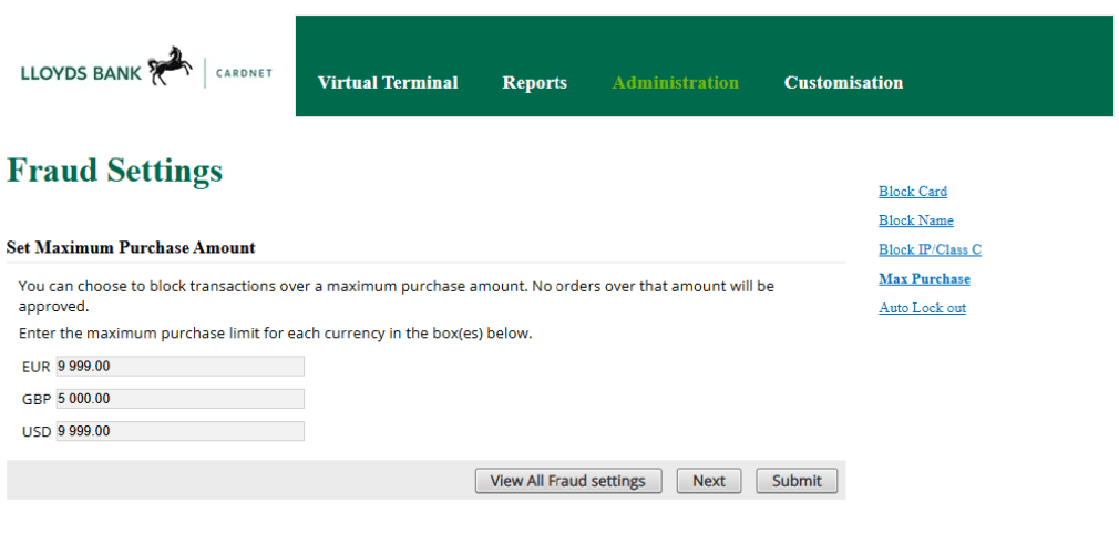 Changing the default 9999.99 payment limit on Lloyds Cardnet LBOP — screenshot 2