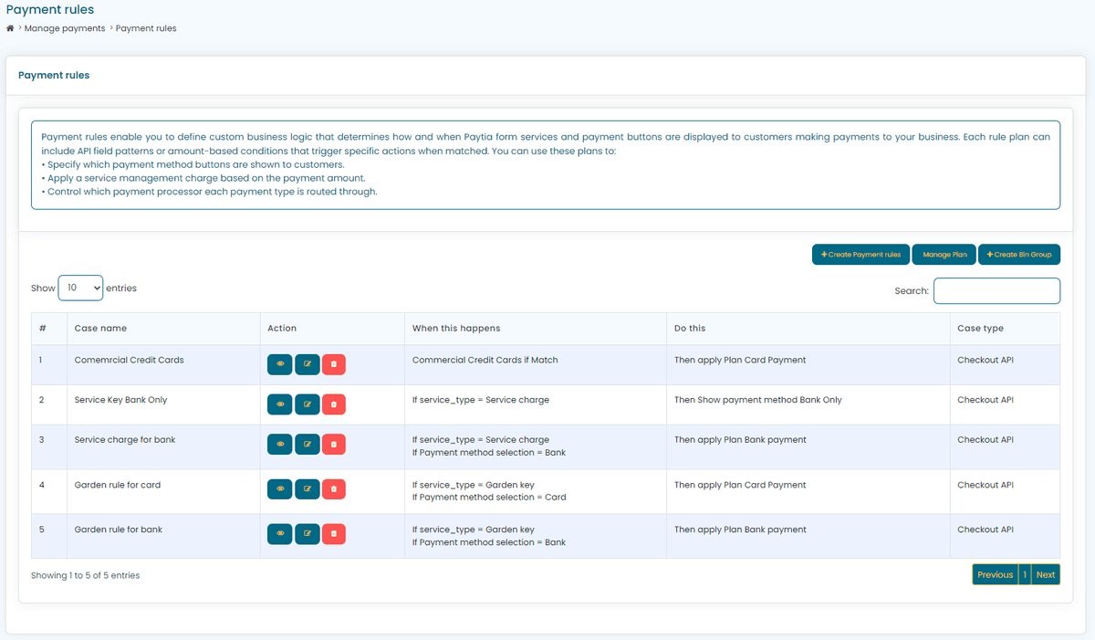 Paytia portal · Payment rules — screenshot 1