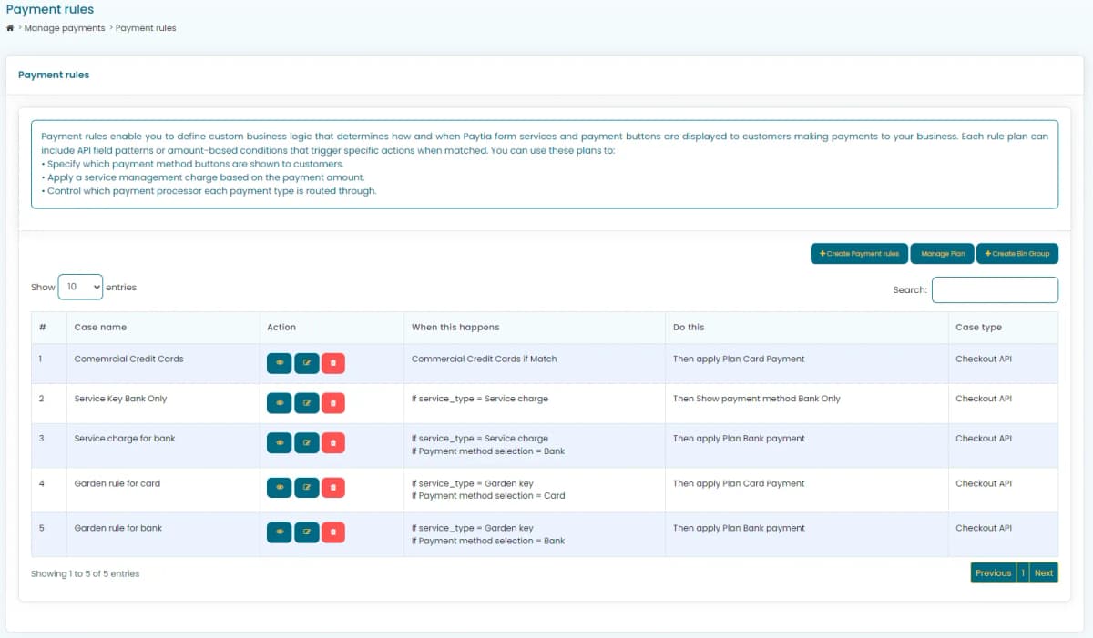 Paytia portal · Payment rules — screenshot 1