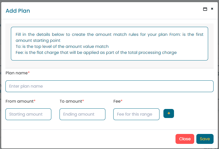 Add Plan modal with Plan name, From amount, To amount and Fee fields