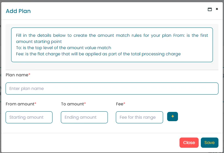 Add Plan modal with Plan name, From amount, To amount and Fee fields