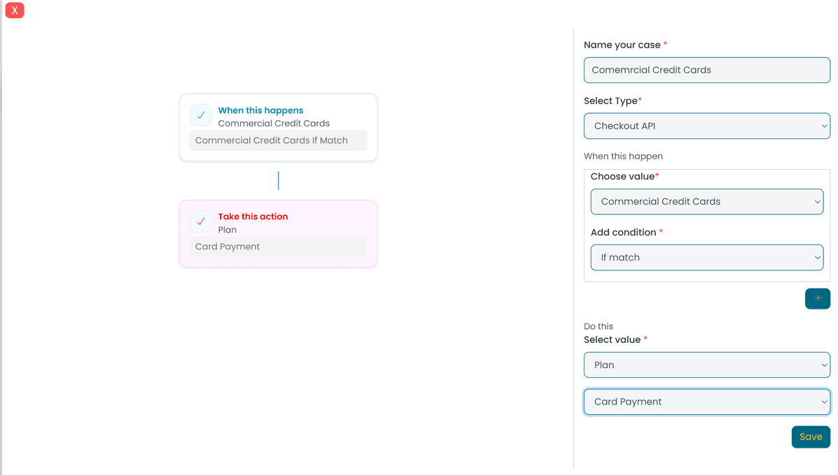 Create Payment rule screen with the When this happens to Take this action flow on the left and the rule form on the right