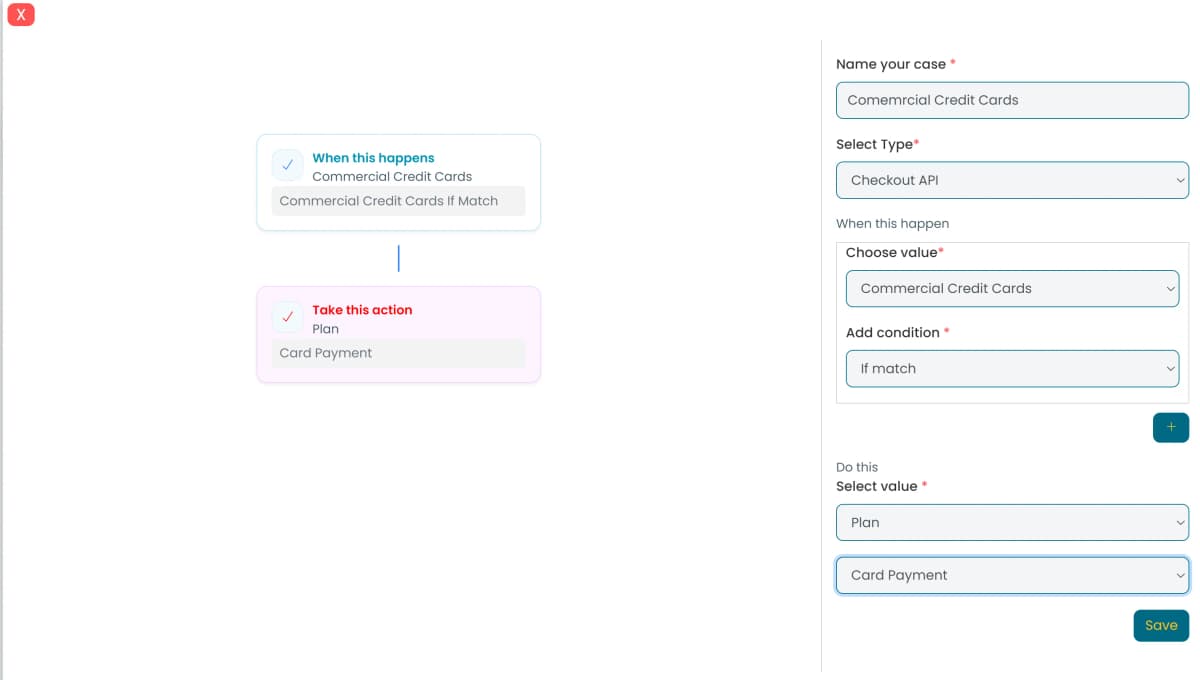 Create Payment rule screen with the When this happens to Take this action flow on the left and the rule form on the right