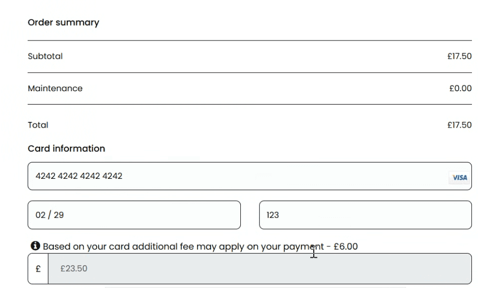 Customer order summary showing subtotal, card entry and an additional fee of six pounds bringing the total to twenty three pounds fifty