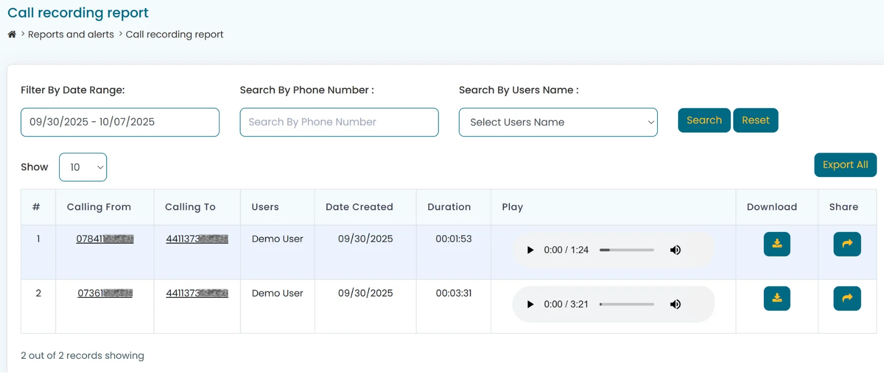 Call recording report dashboard