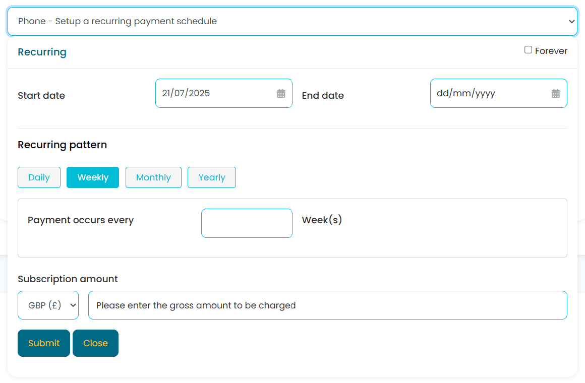 Recurring payment telephone setup interface