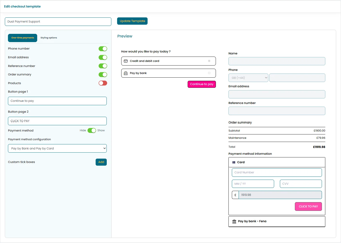 Full template view showing both the control panel and the live checkout form preview