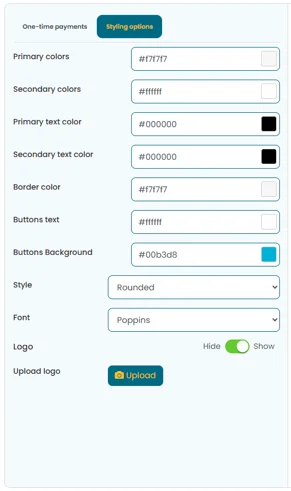 Checkout template styling controls showing colour schemes, fonts, logos, and branding customisation