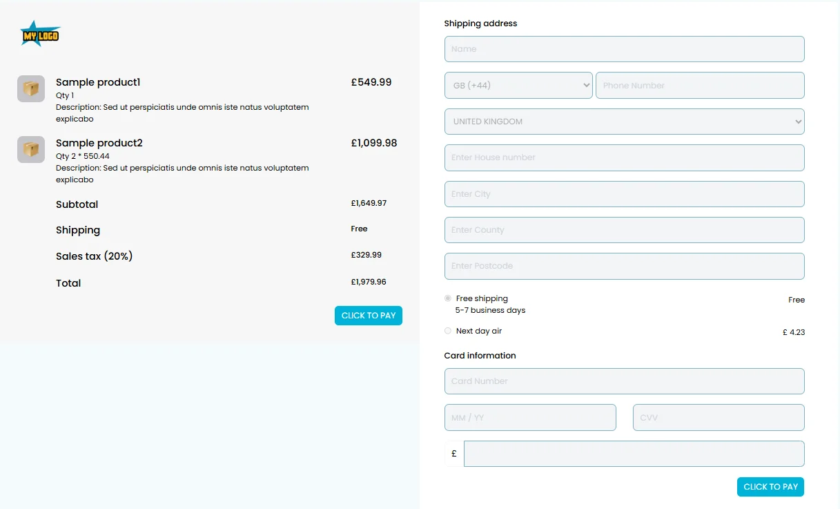 Web checkout template 1 — customisable payment form design
