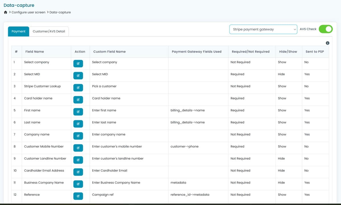 Paytia admin portal customise form fields screen