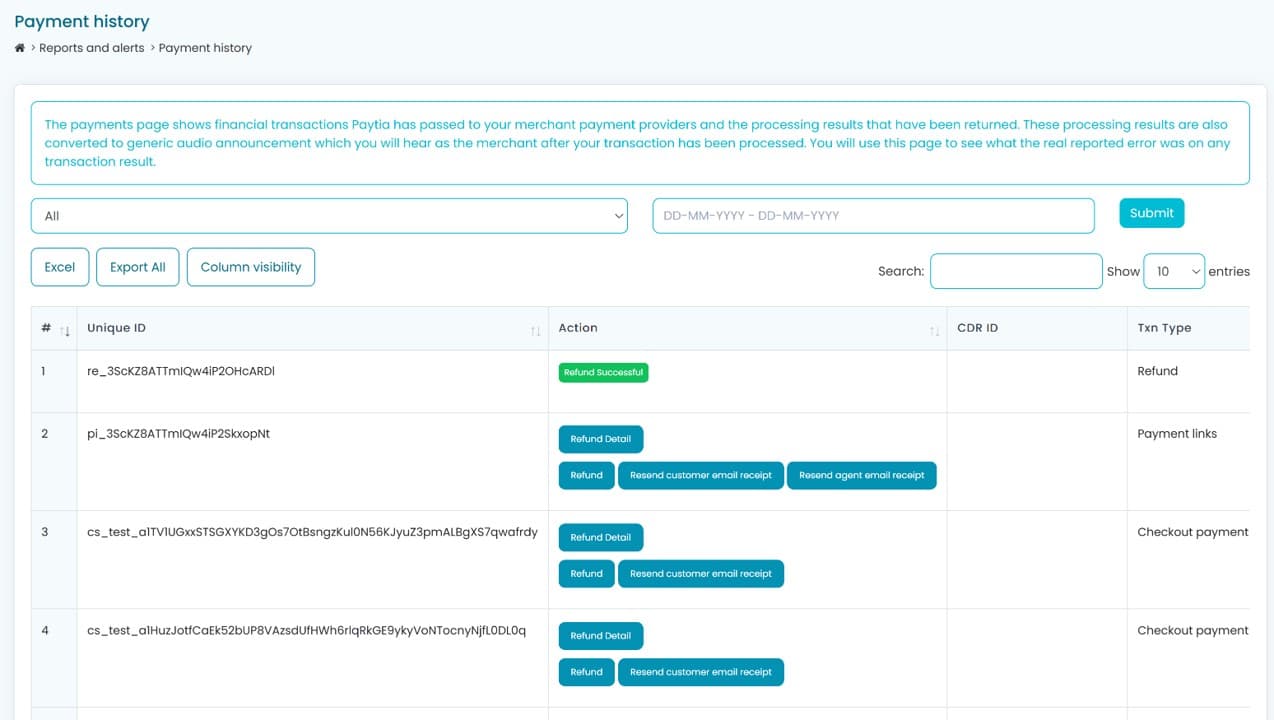 Paytia portal showing a confirmed successful payment transaction